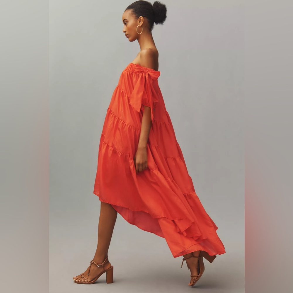 Off-The-Shoulder Tiered High-Low Midi Dress - Picture 1 of 13